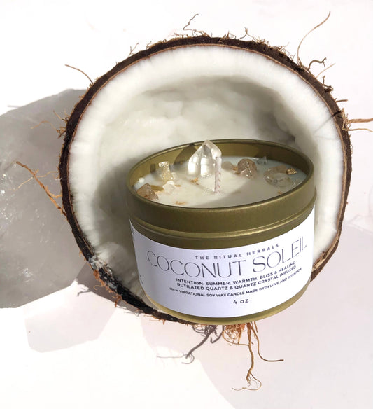 Coconut Soiel Candle Soy wax Quartz infused Summer Scents