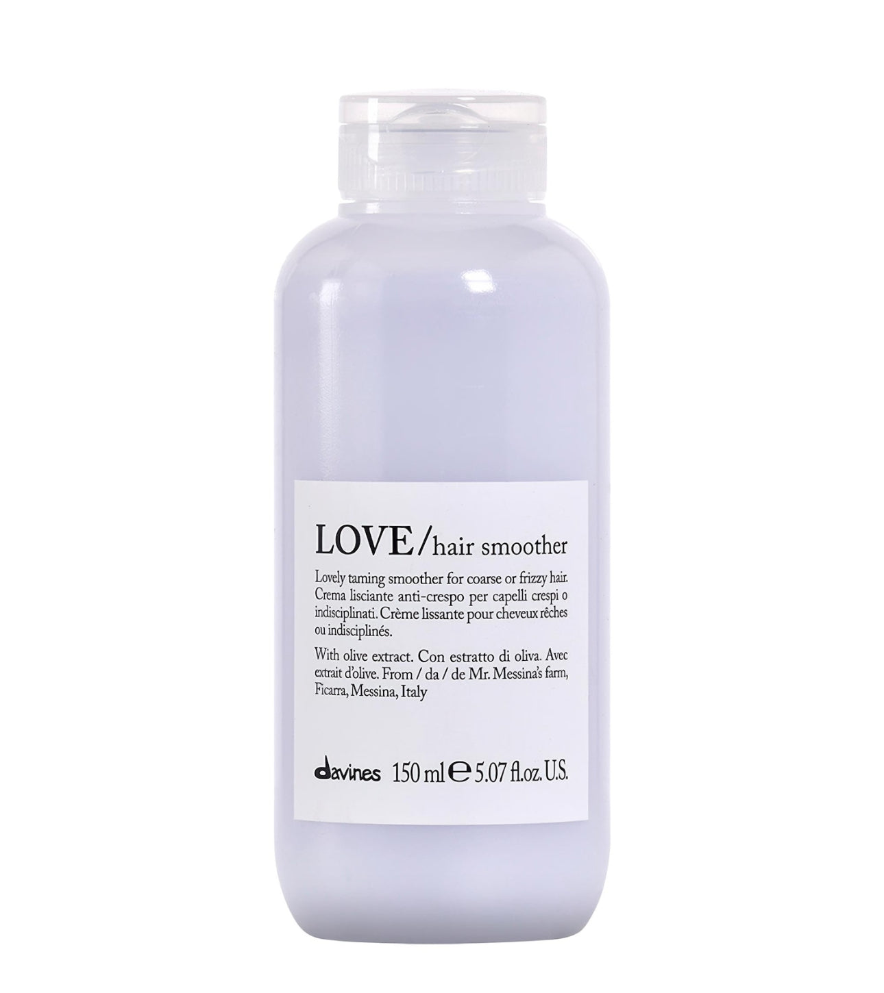 A bottle of LOVE Hair Smoother, a hair styling product, with a label that includes the product name and the fact that it contains argan oil.